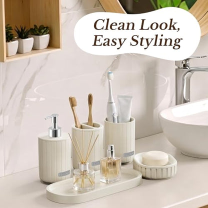 Bathroom Accessories Set 5 Piece, Cream Bathroom Set with Soap Dispenser, Soap Dish, Bathroom Vanity Tray, Toothbrush Holder and Toothbrush Cup, Modern Bathroom Accessory Set for Countertop