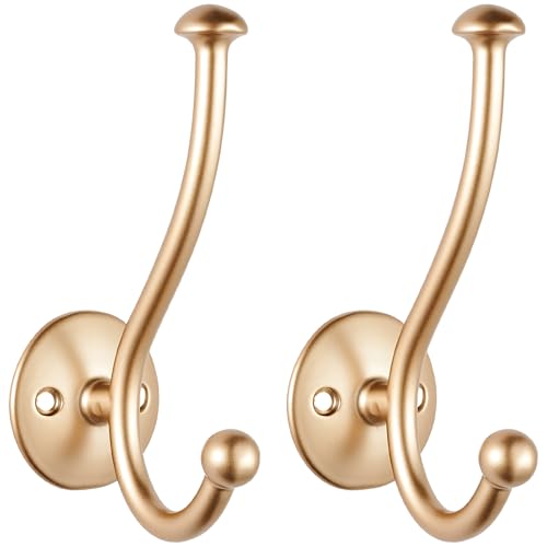 Champagne Bronze Wall Hooks Hardware, 2 Pack Wall Mounted Coat Hooks Robe Towel Hooks, Decorative Hanger Hooks with Screws for Coats, Towels, Robes, Keys, Bags, Hats, Cups - color: 2 pack-Gold