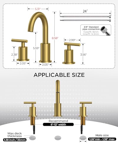 FORIOUS 2 Pack Widespread Brushed Gold Bathroom Faucet 3 Hole-Bulk Purchase | CUPC Widespread Gold Faucet Bathroom 3 Hole, 8 Inch Bathroom Sink Faucet Gold Vanity for Bath Renovation and Upgrading - color: Brushed Gold × 2, style: Modern