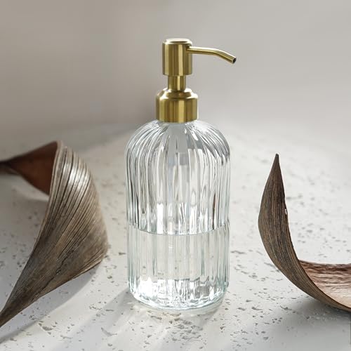 JASAI 18Oz Glass Soap Dispenser with Golden Pump for Kitchen,Refillable Liquid Hand soap Dispenser with Vertical Stripe, Clear Soap Dispenser Bathroom for Hand soap, Dish Soap, Lotion | Refillable Hand Soap Dispenser with Vertical Stripe, Gold Soap Dispen