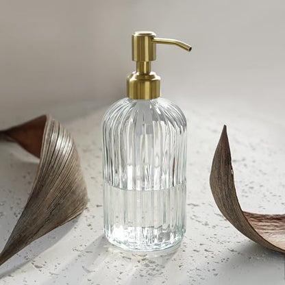 JASAI 18Oz Glass Soap Dispenser with Golden Pump for Kitchen,Refillable Liquid Hand soap Dispenser with Vertical Stripe, Clear Soap Dispenser Bathroom for Hand soap, Dish Soap, Lotion | Refillable Hand Soap Dispenser with Vertical Stripe, Gold Soap Dispen