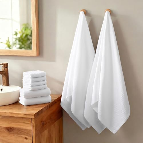 REDKISS Quick Dry Waffle Towel Set of 8, 100% Cotton,Lightweight & Highly Absorbent Waffle Towels for Bathroom, Spa, Gym, Pool-2 Bath Towels, 2 Hand Towels & 4 Washcloths,White - color: White