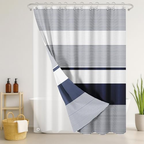 3 in 1 Shower Curtain and Liner,72 x 72 inch, Striped Navy | Blue Shower Curtain and PEVA Liner Set with 12 Rust-Resistant Metal Hooks, Waterproof Fabric Curtains for Bathroom - color: Navy Blue