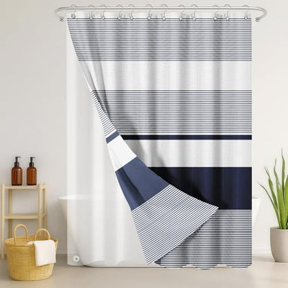3 in 1 Shower Curtain and Liner,72 x 72 inch, Striped Navy | Blue Shower Curtain and PEVA Liner Set with 12 Rust-Resistant Metal Hooks, Waterproof Fabric Curtains for Bathroom - color: Navy Blue