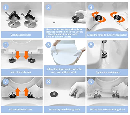 Quiet Close Soft Close Toilet Seat with Quick Release & 360° Adjustable Stainless Steel Hinge - Easy Installation & Cleaning