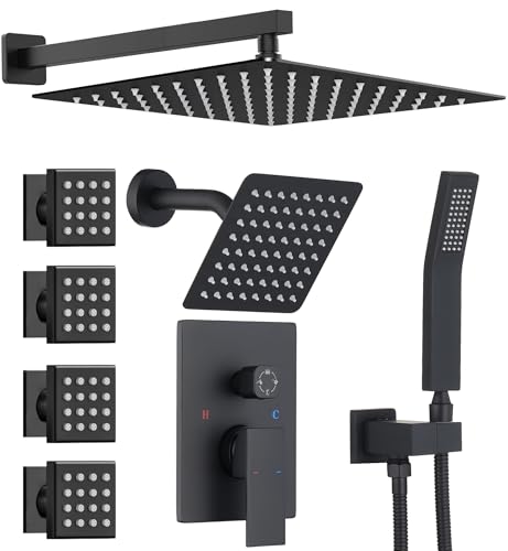 Dual Rainfall Shower Head System with 4 Body Jets, JetsBath Shower Faucet Set Double Shower Head 6-Inch Shower Head & 12” Rain Shower, Luxury Matte Black Shower Faucet Set,Wall-Mounted Shower System - color: Matte Black