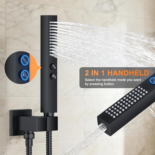 Shower System with Tub Spout, Ceiling Mounted Bathtub Shower Faucet Set, 12" Rainfall Shower Head and Handheld Shower Combo, High Pressure Shower Fixtures Set with Rough-in Valve, Matte Black - color: Matte Black, style: 12" Ceiling Mounted Shower System