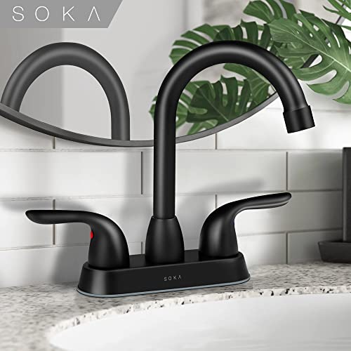SOKA 2 Handle Bathroom Faucet Black, 4 Inch Black Bathroom Sink Faucet Centerset with Lift Rod Drain Stopper and Supply Hoses, RV Bathroom Faucet 3 Holes, Matte Black Bathroom Faucet - color: Matte Black, size: 4" Double-handled