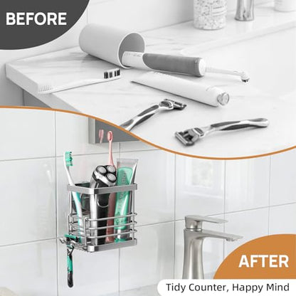 Powerful Suction Cup Stainless Steel Toothbrush Holders, Silver | Removable Shower Tooth brush and Toothpaste Holder, Strong Suction Up to 11lbs, Anti-Puddling ,No Drill Bathroom Organizer - color: Silver