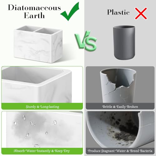 Luxspire Diatomite Toothbrush Holder, 2 Slots, Marble White | Fast Drying, Diatomaceous Earth, Electric Tooth Brush and Toothpaste Organizer, For Bathroom Kitchen Vanity Countertop - color: Marble White, style: 2 Slots