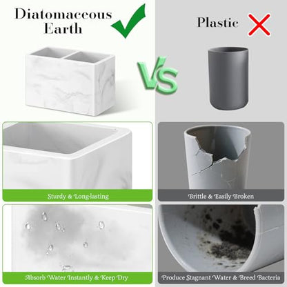 Luxspire Diatomite Toothbrush Holder, 2 Slots, Marble White | Fast Drying, Diatomaceous Earth, Electric Tooth Brush and Toothpaste Organizer, For Bathroom Kitchen Vanity Countertop - color: Marble White, style: 2 Slots