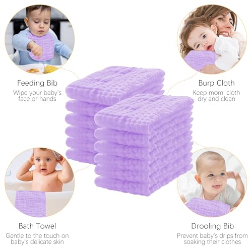 Lovely Care 12 Pack Muslin Burp Cloths 100% Cotton Muslin Cloths Large 20''x10'' Extra Soft and Absorbent Baby Burping Cloth - Purple - color: Purple, size: 10x20 Inch (Pack of 12)