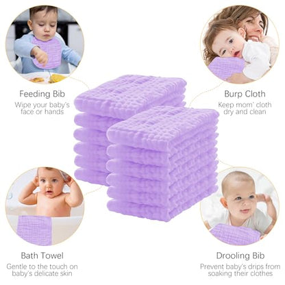 Lovely Care 12 Pack Muslin Burp Cloths 100% Cotton Muslin Cloths Large 20''x10'' Extra Soft and Absorbent Baby Burping Cloth - Purple - color: Purple, size: 10x20 Inch (Pack of 12)