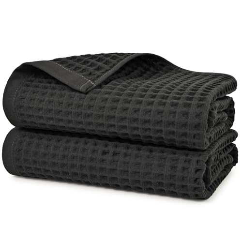 Jacquotha Waffle Bath Towels 2-Piece (Dark Grey) - Cotton, Soft, Quick Dry | 31” x 62” Large Bath Towel for Bathroom, Shower, Spa - color: Dark Grey
