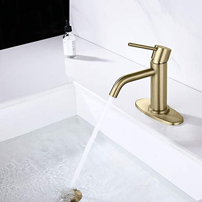 Brushed Gold Single Hole Bathroom Faucet, cUPC NSF Certificate Faucet | Brass Single Handle Bathroom Sink Faucet with Pop Up Drain Assembly and Deck Plate, 1 Handle Faucet for Vanity RV Restroom - color: Brushed Gold, size: Faucet with Deck Plate