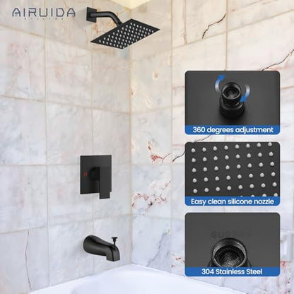 Airuida 6 Inch Shower Faucet Set,Bathtub Faucet Kit,Matte Black | Shower Tub Faucet Set,Male Threads Rough-In Valve,Square Head Shower System - color: Black, size: 6 Inch