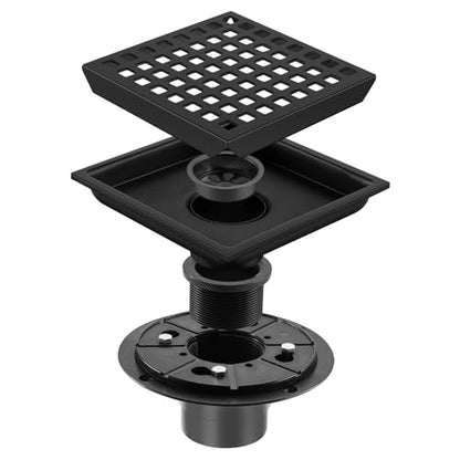Shower Drain, Matte Black 6 inch Square Shower Floor Drain with Flange, Removeable Grid Panel SUS 304 Stainless Steel Square Shower Drain - color: Matte Black, size: 6 inch