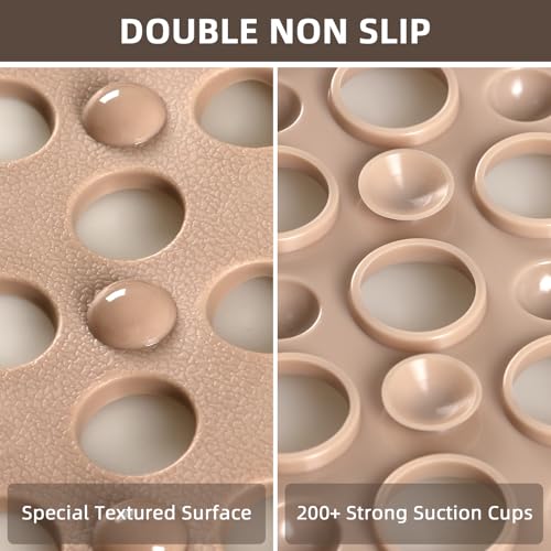 Shower Mat Non Slip: 35.4" x 23.6" Large PVC Heavy Shower Mats for Inside Shower - Quick Dry Shower Foot Scrubber Matt with Drain Hole and Suction Cups for Elderly - color: Khaki