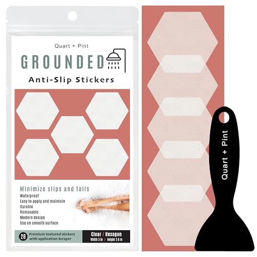 Anti Slip Shower Stickers, Non Slip Bathtub Stickers for Safety, Shower Floor non slip stickers with Scraper for Bathtub, Shower, Stairs, Boats. Bathtub Non Slip Stickers 28 Clear Hexagon - 3 in wide