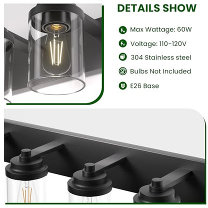 Bathroom Vanity Light Fixture, 4-Light Modern Black Vanity Light Fixtures with Clear Glass Shade, Matte Black Bathroom Light Fixtures Over Mirror, Rustic Restroom Lighting Fixtures - color: Black, size: 4-Light