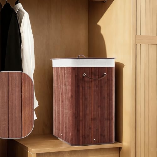 GarveeHome Folding Bamboo Laundry Hamper with Lid, 28 Gal /106L Wooden Laundry Basket with Washable Liner Bag, Slim Clothes Storage Hamper for Small Bedrooms Apartments Dorms, Brown - color: Brown - Rectangle