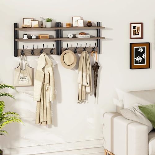 YMYNY Double Shelf Coat Rack Wall Mount with 8 Hooks, Silver Gray HWS009Y-2 | Wooden Coat Hanger Key Holder Wall Mount for Coats Hats Keys - Wood Wall Mounted Coat Rack with Shelf for Entryway & Bathroom - color: Silver Gray