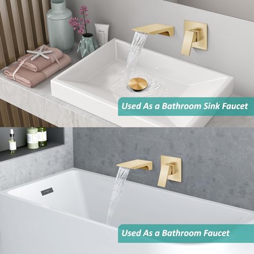 Wall Mount Bathroom Faucet, Waterfall Tub Filler, Brushed Gold | SUS304 Waterfall Spout, Rough-In Valve, Single-Handle Control, 1/2-Inch NPT, Flexible Handle Placement - color: Brushed Gold