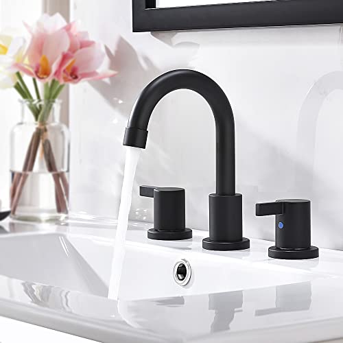 8 Inch 3-Hole Low-Arch 2-Handle Widespread Bathroom Faucet with Valve and Metal Pop-Up Drain Assembly,Matte Black, WF15-1-MB - color: Black