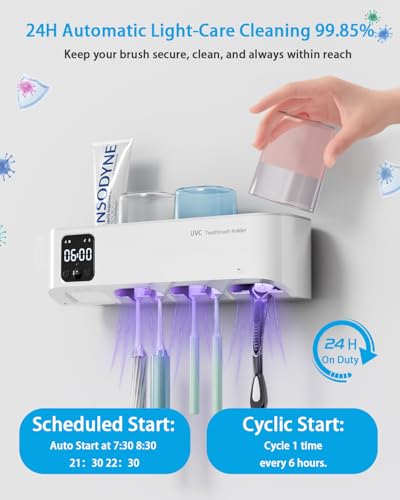 Toothbrush Holders Wall Mounted for Bathrooms, Toothbrush Holder - Smart Home & Bathroom Decor Tooth Brush Holders with 3 Cups, Features a Clock and auto Motion-Activated Night Light - size: Family with Cup