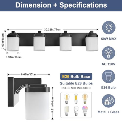29 Inches Bathroom Vanity Light, 4-Light Black Bathroom Light Fixtures Over Mirror, Bathroom Light Shower Lamp with Milky White Square Glass Shade, Modern Farmhouse Lighting Fixtures - color: Black, size: 29 Inch : 4-lights