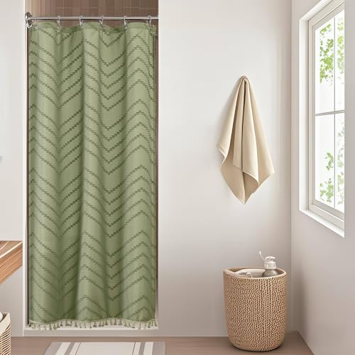 Small Boho Stall Shower Curtain, Light Green Fabric Cloth Stall Shower Curtain 36 x 72 Half Size with Tassel Tufted Chevron Striped Textured Modern Farmhouse for Bathroom, Machine Washable - color: Light Green, size: 36"W x 72"L (Pack of 1)