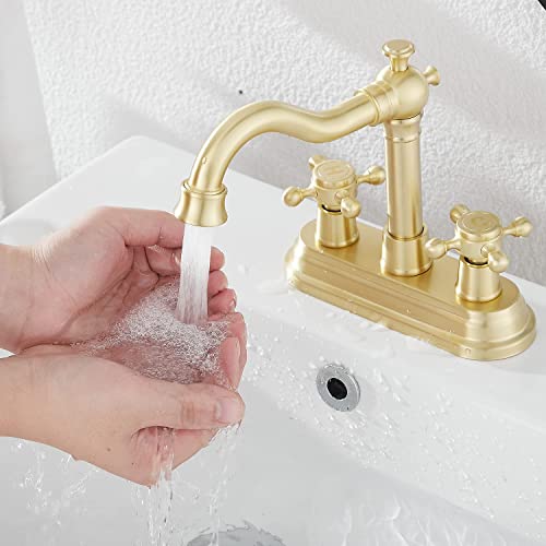 Bathroom Faucet Brushed Gold GGStudy 2 Handles 4 Inches Centerset Bathroom Vanity with Drain Assembly and Supply Hose Lavatory Mixer Double Handle Tap - color: Brushed Gold, style: Metal Cover
