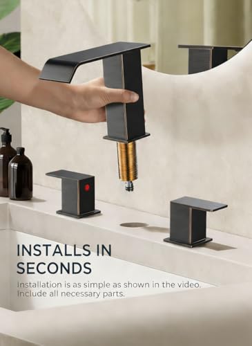 FORIOUS Bathroom Faucets 3 Hole 8 Inch Widespread Sink Oil Rubbed Bronze | 3-hole 4-12 Inch Widespread Sink, Square Waterfall Spout, with Drain and Hoses,for Vanity Rv Commercial Lavatory Restroom - color: Oil Rubbed Bronze