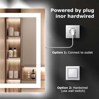 Hivone 24"X30" LED Bathroom Mirror with Lights, Anti-Fog, Dimmable, Backlit + Front Lit, Smart Bathroom Vanity Mirror, Memory Function, Shatterproof, Tempered Glass (Horizontal/Vertical) - size: 24"L x 30"W