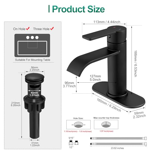 VOTON Bathroom Faucets Matte Black 1 Hole Waterfall with Drain & Deck Plate | Waterfall Spout | Matte Black | Lead-Free SUS 304 | Pop-Up Drain | 1/3 Hole Install | 6 in Deck Plate - color: Black