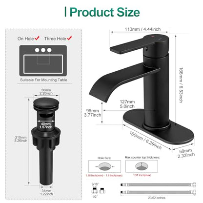 VOTON Bathroom Faucets Matte Black 1 Hole Waterfall with Drain & Deck Plate | Waterfall Spout | Matte Black | Lead-Free SUS 304 | Pop-Up Drain | 1/3 Hole Install | 6 in Deck Plate - color: Black