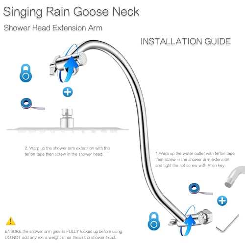 15 inch Goose Neck Curved Extra Long Adjustable Shower Head Extension Arm With Locking Set Screw, Singing Rain Brass Angle Height Adjustable, G1/2 Universal Connector Compatible (Chrome Finish)