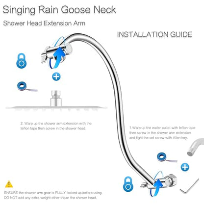 15 inch Goose Neck Curved Extra Long Adjustable Shower Head Extension Arm With Locking Set Screw, Singing Rain Brass Angle Height Adjustable, G1/2 Universal Connector Compatible (Chrome Finish)