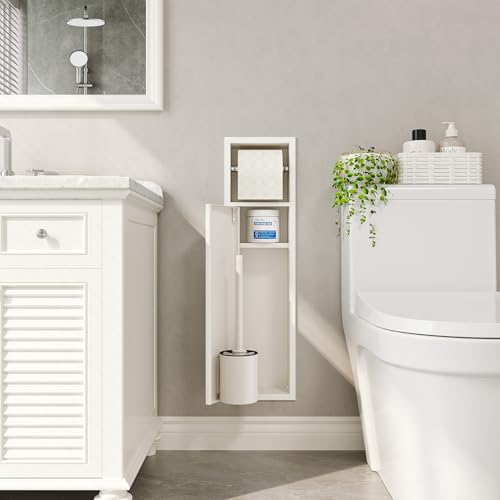 Qeke in Wall Toilet Brush Holder w/Cabinet, White, 4" Depth | 304 Stainless Steel Rustproof Recessed Toilet Brush Holder, Tissue Paper Holder w/ Toilet Brush for Bathroom - color: Matte White