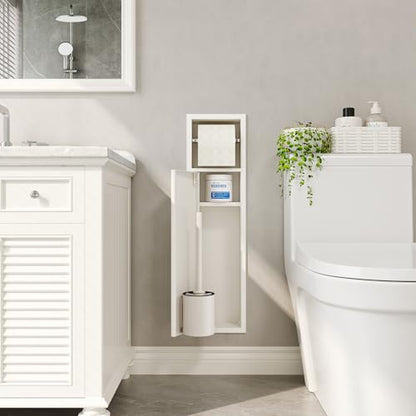 Qeke in Wall Toilet Brush Holder w/Cabinet, White, 4" Depth | 304 Stainless Steel Rustproof Recessed Toilet Brush Holder, Tissue Paper Holder w/ Toilet Brush for Bathroom - color: Matte White
