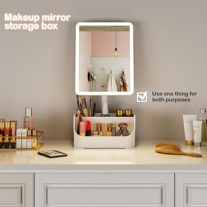 Rechargeable Makeup Mirror Organizer with LED Lights & 20X Magnification, Large Capacity Cosmetic Display Case for Skincare & Makeup Brushes, Countertop Vanity Organizer for Bedroom, Bathroom (Cream)