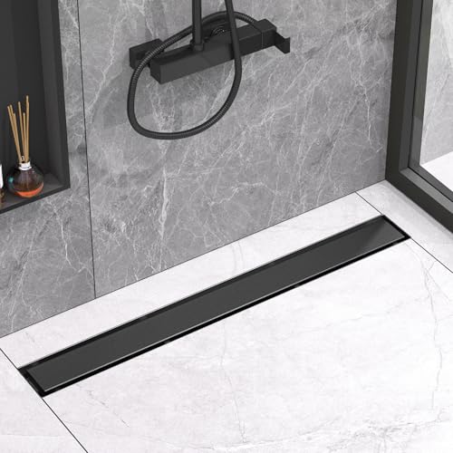 YEFU Black Shower Drain 32 Inch with Tile Insert, Linear Drain for Bathroom | Anti-Corrosion, 304 Stainless Steel, Drain for Shower with Hair Strainer,Adjustable Feet, Shower Drains with Reversible Grate - color: Matte Black, size: 32 Inch