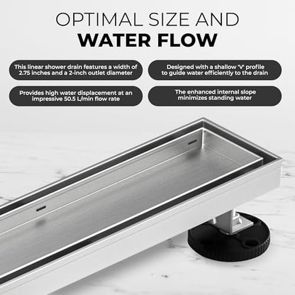 24-Inch Linear Shower Drain - 304 Stainless Steel | Reversible 2-in-1 Flat & Tile Insert Cover, Rectangular Floor Drain Set with Hair Catcher & Adjustable Leveling Feet - color: Brushed Nickel, size: 24 Inch
