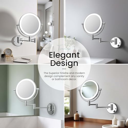 KIBI Circular Wall Mount Makeup Mirror with LED Lights, Dual-Sided 1x/5x Magnifying Mirror with Adjustable Arm, 360° Swivel, Solid Brass Construction for Durability and Style (Chrome, KMM101) - color: Chrome