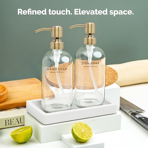 Vine Creations Glass Soap Dispenser Set, Kitchen Soap Dispenser Set with Ceramic Tray, 16 oz Dish Soap and Hand Soap Dispensers with Stainless Steel Pump Decor (Clear Bottle/Brushed Brass) - color: Clear Bottle / Brushed Brass Pump
