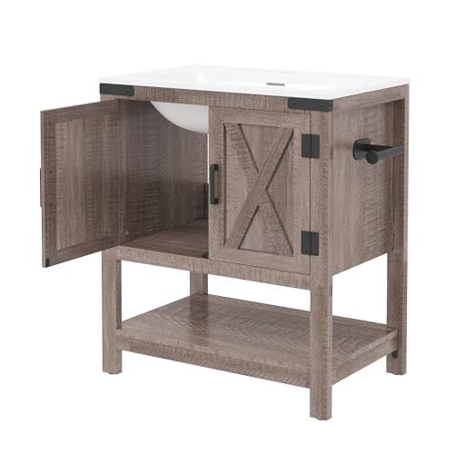 AMERLIFE 24" Gray Farmhouse Bathroom Vanity with Sink and Open Shelf | Light Gray, Single Solid White Integrated Top, Moisture-Resistant MDF, Barn Doors, Open Shelf, Paper Towel Holder - color: Light Gray, size: 24“