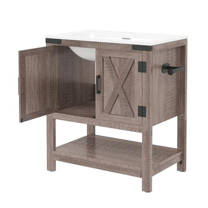 AMERLIFE 24" Gray Farmhouse Bathroom Vanity with Sink and Open Shelf | Light Gray, Single Solid White Integrated Top, Moisture-Resistant MDF, Barn Doors, Open Shelf, Paper Towel Holder - color: Light Gray, size: 24“