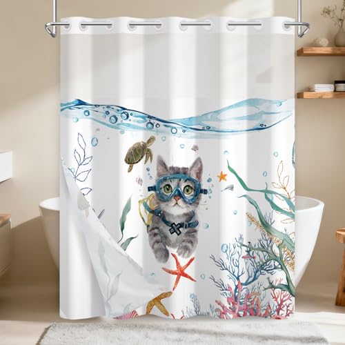 No Hook Cat Shower Curtain Set with Ventilation Top Window, Ocean Theme Funny Shower Curtain with Snap in Liner, Nautical Fabric Shower Curtains for Bathroom with Weighted Hem, 71x74 Inches - color: Underwater Explorer Cat