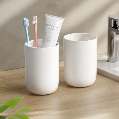 MOPMS 13oz Bathroom Tumbler 2PC, Unbreakable Plastic Cup，White | Unbreakable 380ml plastic bathroom tumbler with non-slip grip. Durable, reusable toothbrush cup for home and travel. - color: White-2 Pcs