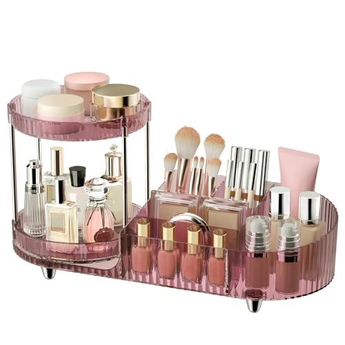 360 Rotating Makeup Organizer for Vanity, 2 Perfume Trays with 5 Compartments Cosmetic & Skincare Storage, Multi-Purpose Countertop Organizers for Bathroom, Desk, Pantry, Space-Saving Beauty Organizer - color: Clear Burgundy
